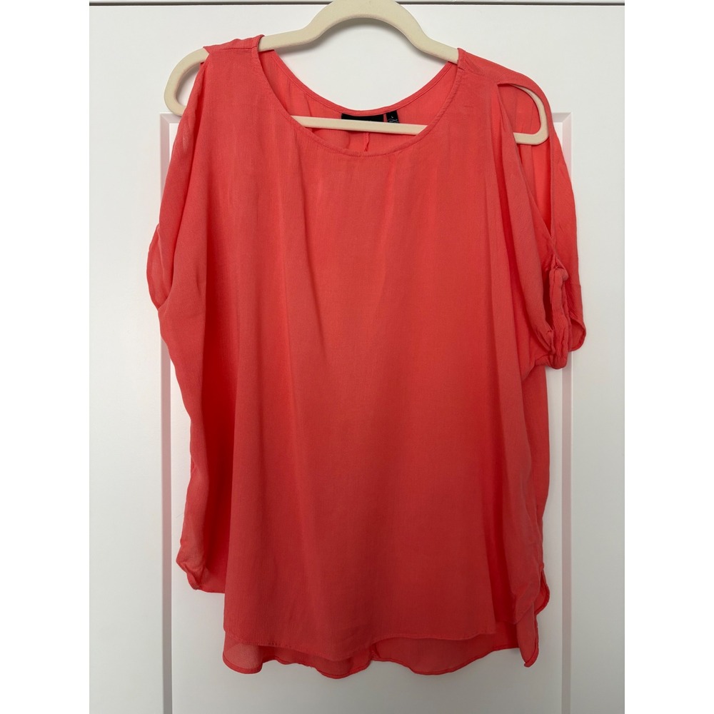 Coral Pink Cold Shoulder Tie Sleeve Rayon Blouse Ethereal Romantic Indie Top L